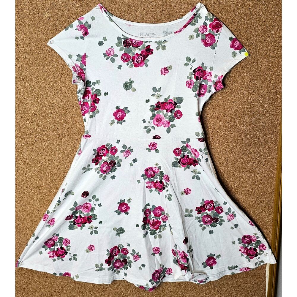 White & Pink Roses Floral Fit & Flare Dress The Children’s Place Girls Lg 10/12